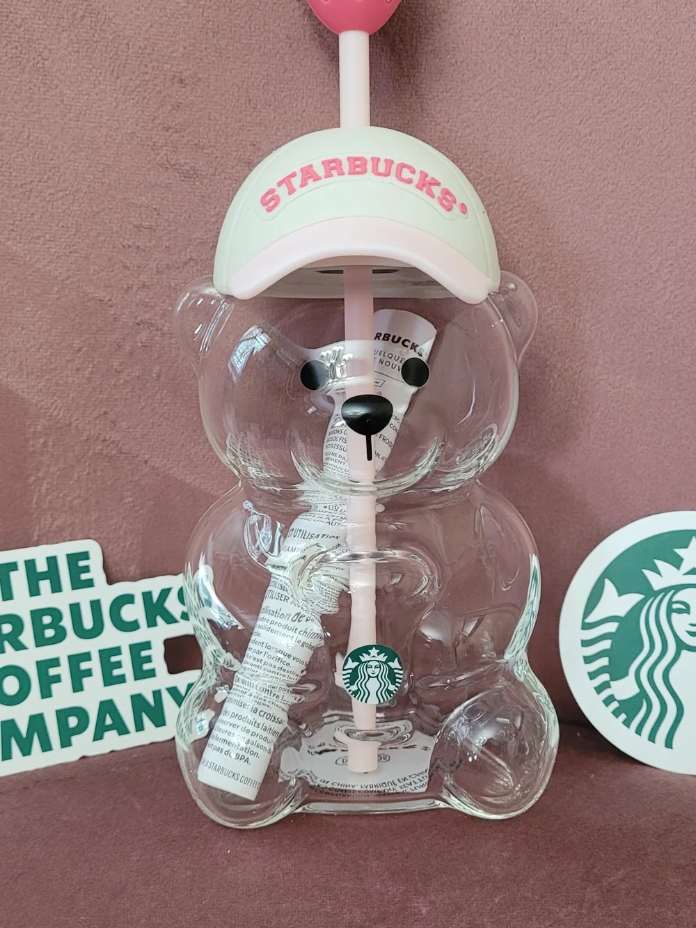 Starbucks Clear Bear Tumbler with Pink Straw and Cap